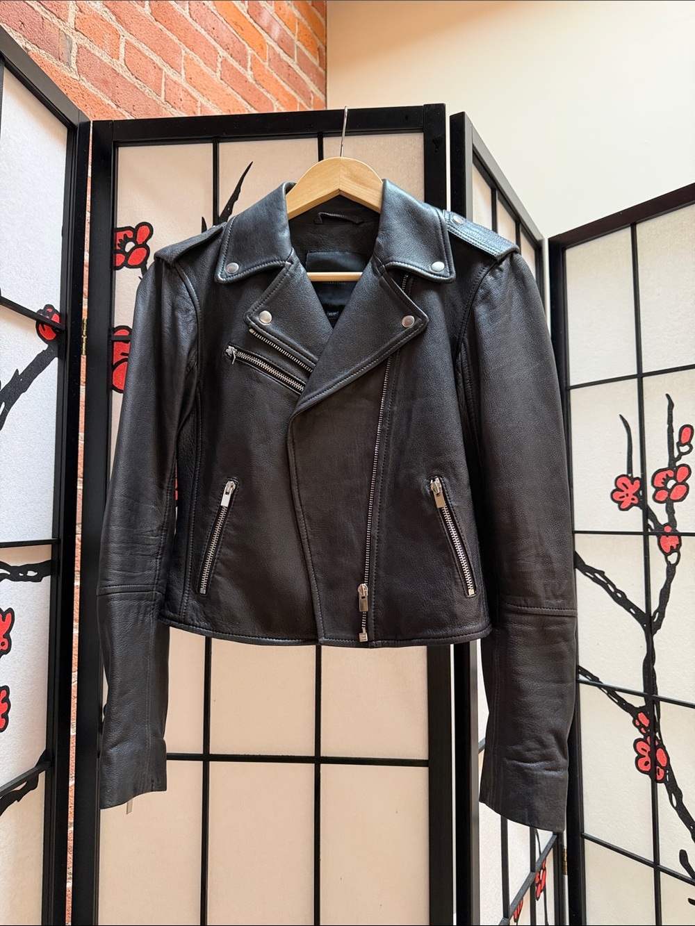 Club Monaco Black Genuine Leather Moto Jacket with Silver Hardware